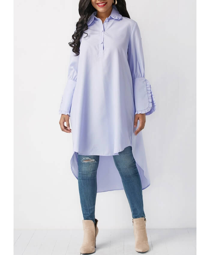 Light Blue Dip Hem Turndown Collar Blouse